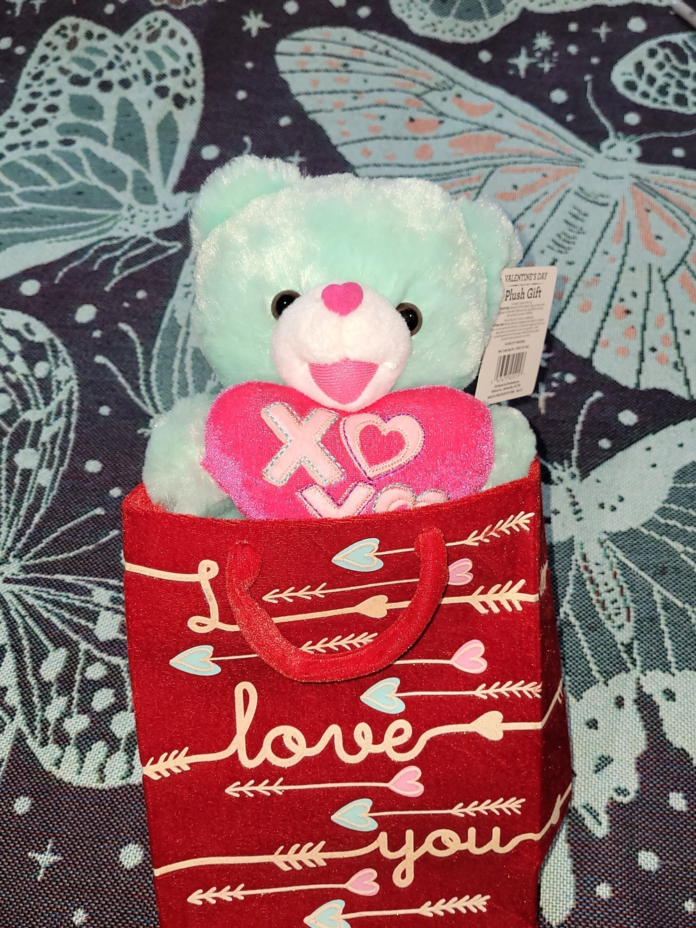 Mint Green Teddy Bear Holding Pink Heart in Red 'Love You' Gift Bag